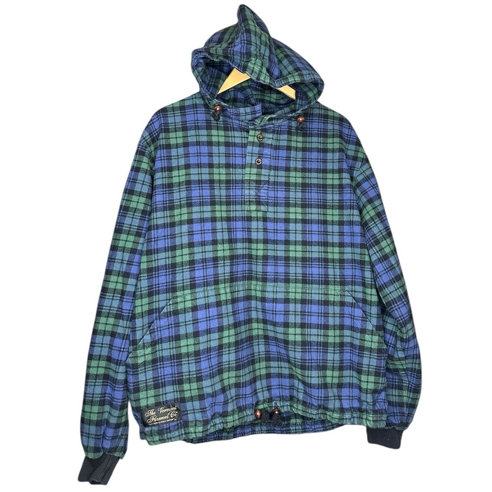 The Vermont Flannel Co Hooded‎ Flannel Pullover Men Size Large Hood Green Plaid